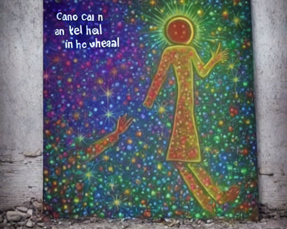 Colorful painting of human-like figure with halo surrounded by cosmic stars and patterns.