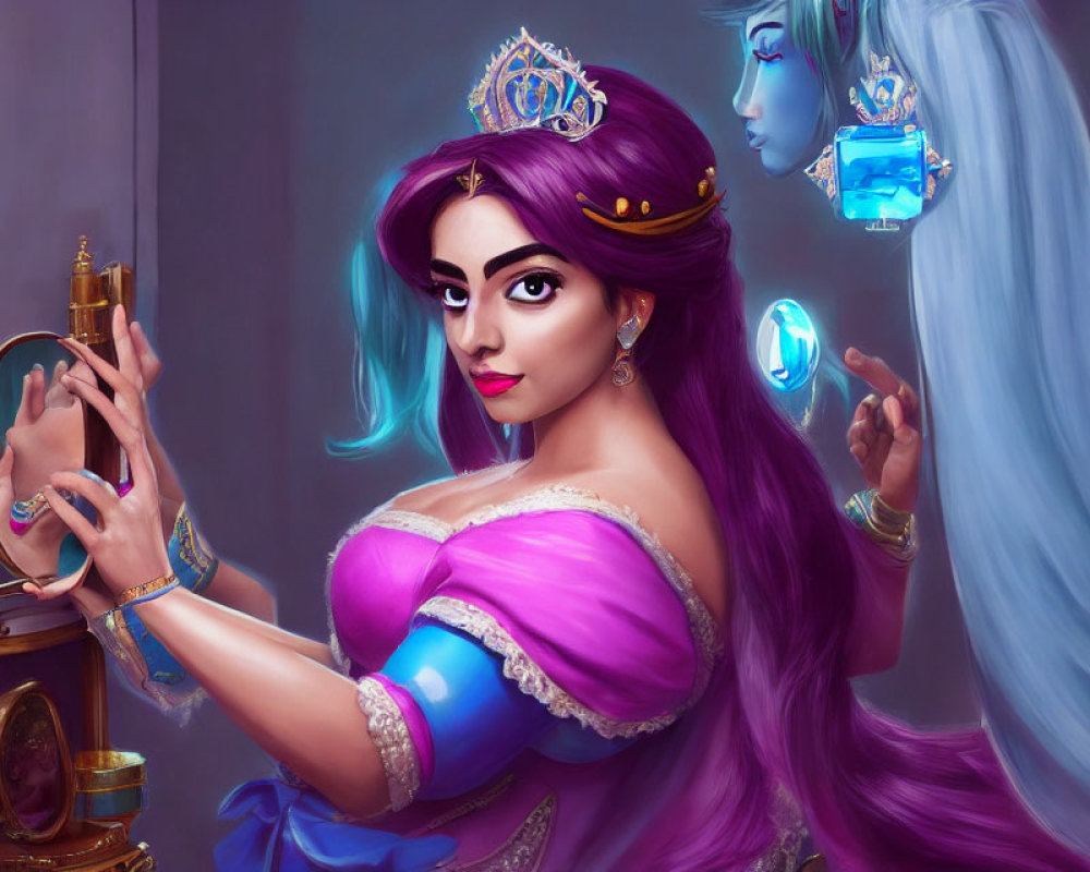 Illustration of woman with long blue hair, purple dress, crown, mirror, gemstone, and