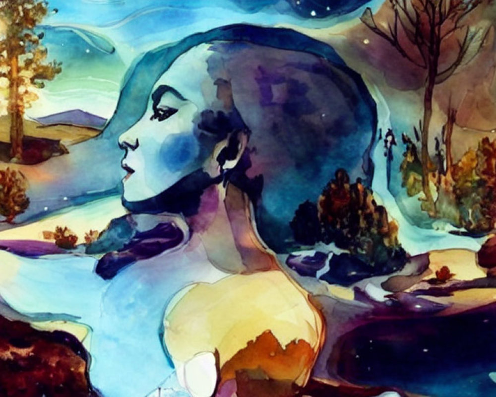 Watercolor painting blending woman's profile with landscape, trees, river, starry sky