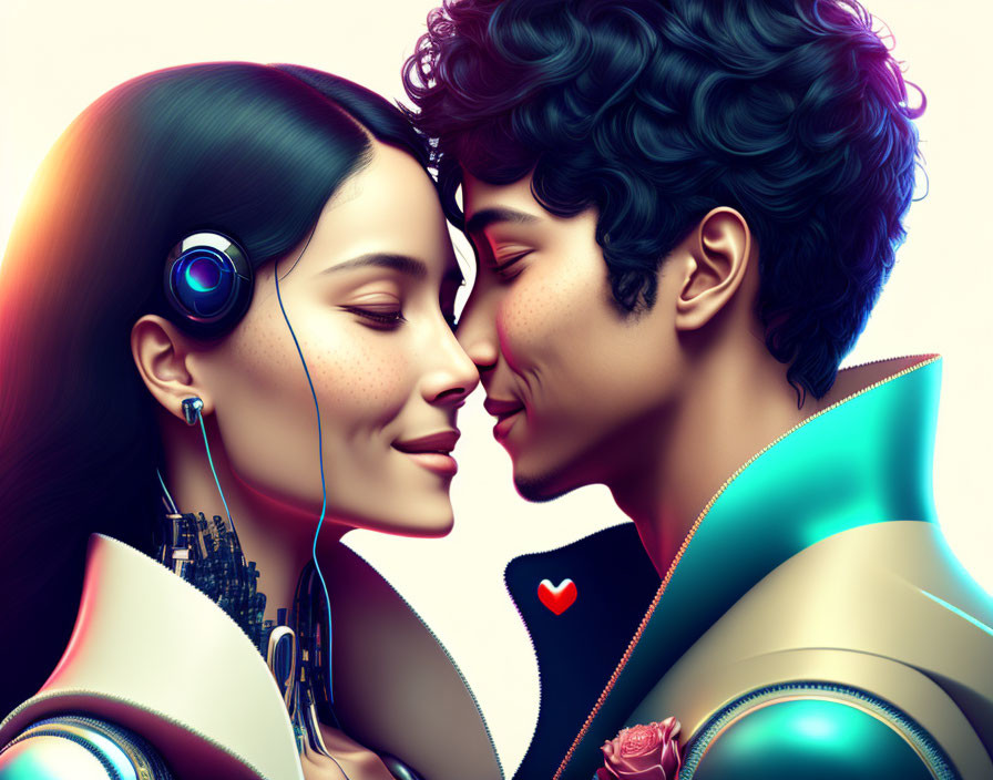Futuristic digital artwork of man and woman in colorful attire