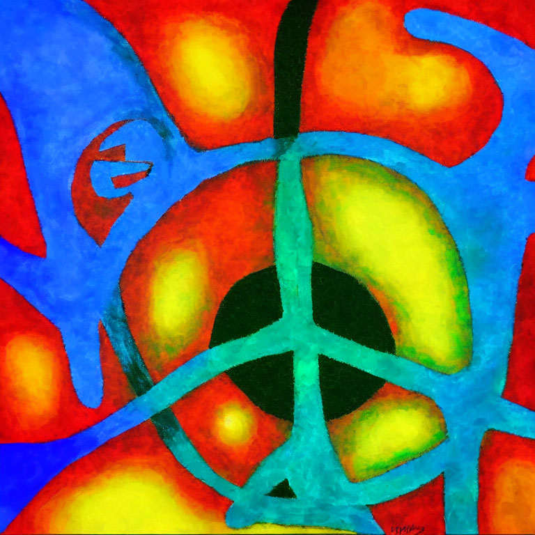 Vibrant abstract painting with red, yellow, blue colors and black peace symbol