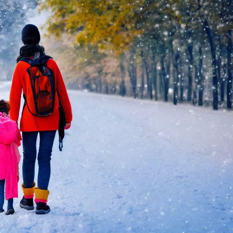 Adult and child walking in snow among winter trees