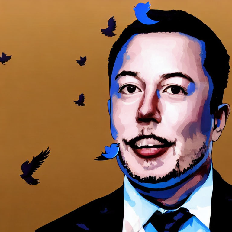 Stylized portrait of a man with birds in a social media theme.