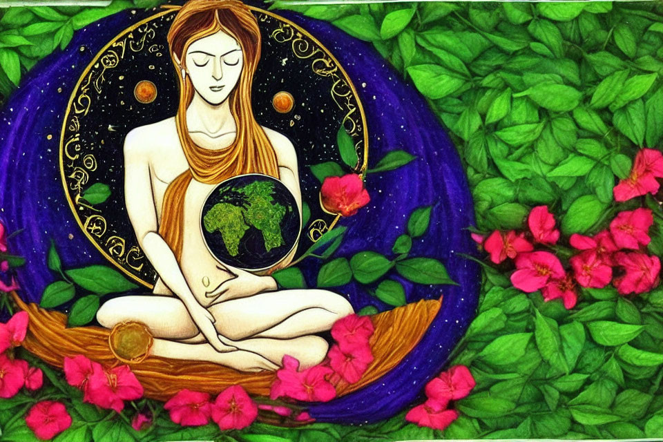 Illustration of meditative figure holding Earth surrounded by stars, leaves, and flowers