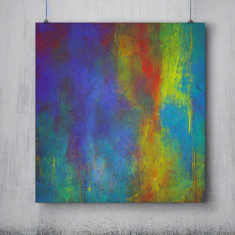 Vibrant Abstract Painting in Blues, Greens, Yellows, and Purples