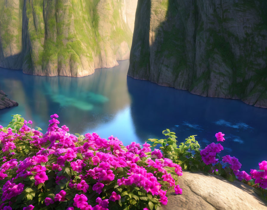 Tranquil Blue Lake with Cliffs and Pink Flowers