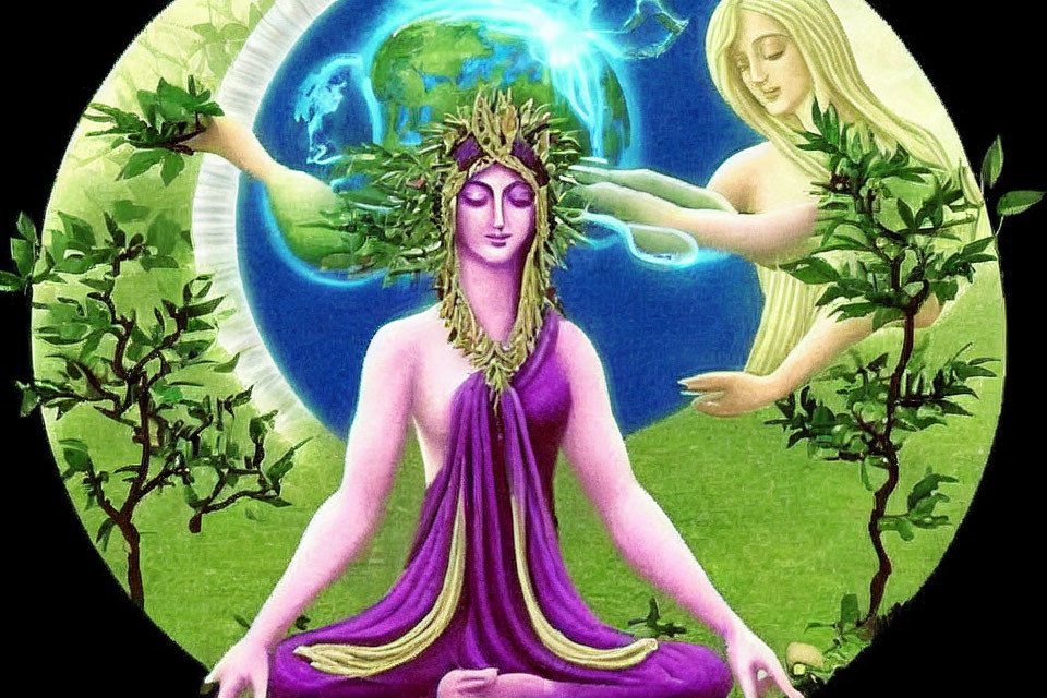 Meditative figure with leaf crown in nature scene with woman's hand, against circular Earth backdrop