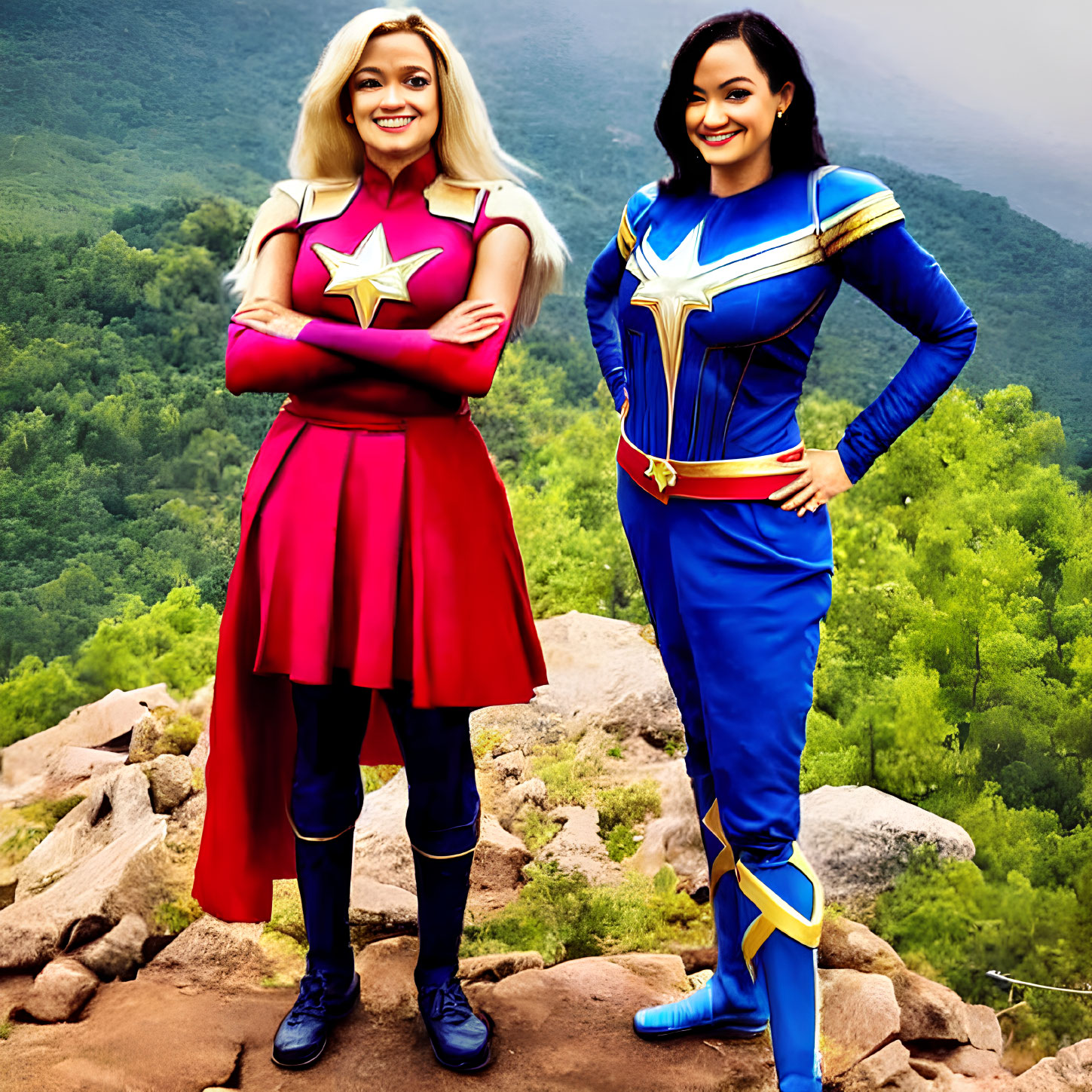 Superhero Costumes Resembling Captain Marvel on Rocky Terrain