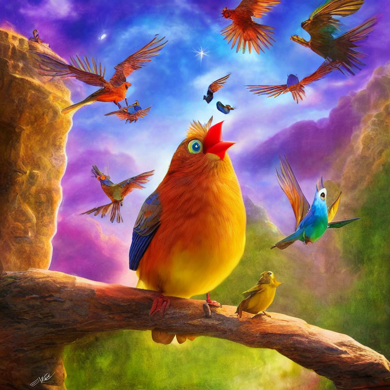 Colorful Birds Flying and Perched on Branch in Vibrant Sky