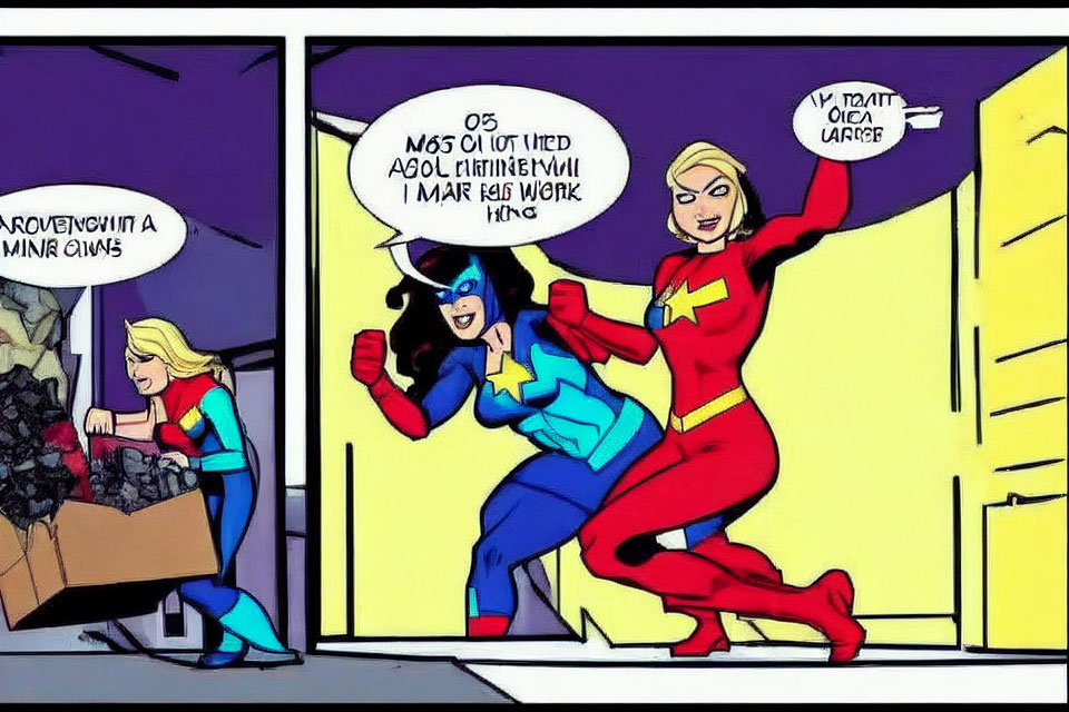 Female superheroes exiting through smashed wall with determined expressions and speech bubbles.