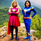 Superhero Costumes Resembling Captain Marvel on Rocky Terrain