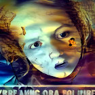 Abstract colorful digital portrait of a child with intense eyes and brushstroke effects
