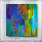 Colorful Abstract Painting Featuring Blue, Purple, Orange, and Green Hues