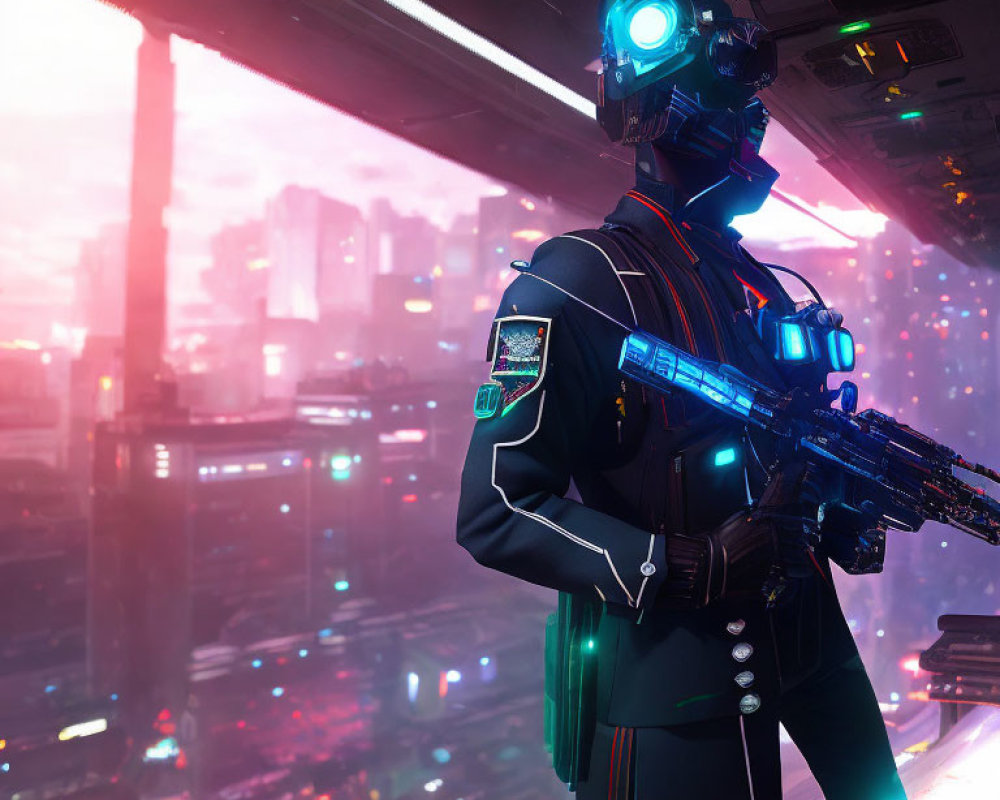 Cybernetic helmet soldier with glowing visor in neon-lit cityscape