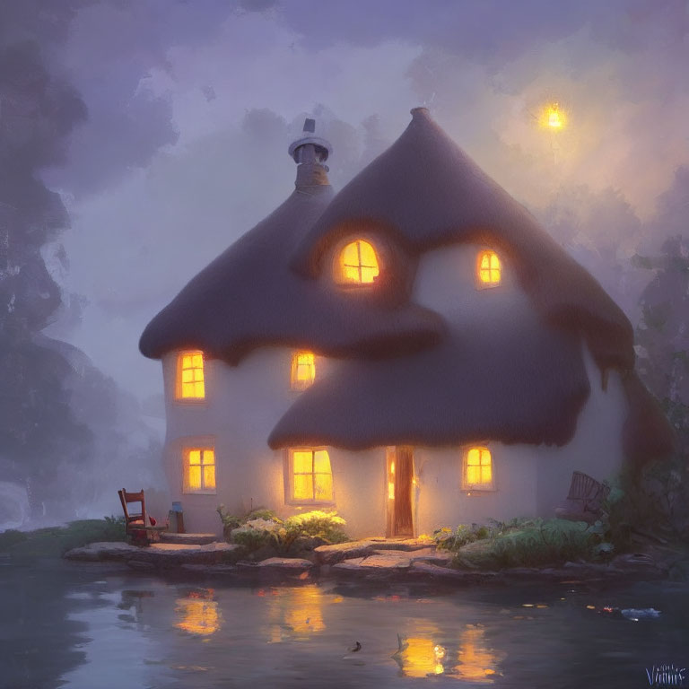 Cozy Thatched-Roof Cottage by Water at Dusk