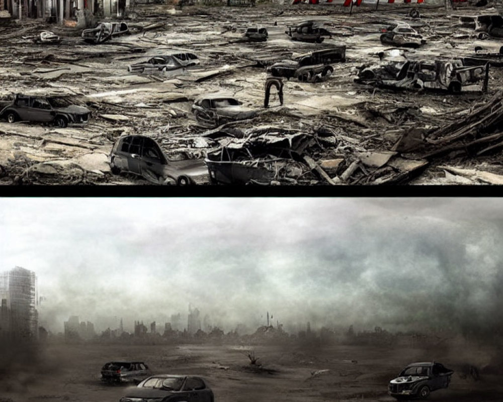 Dystopian scene with abandoned cars and rubble under dark cloudy sky