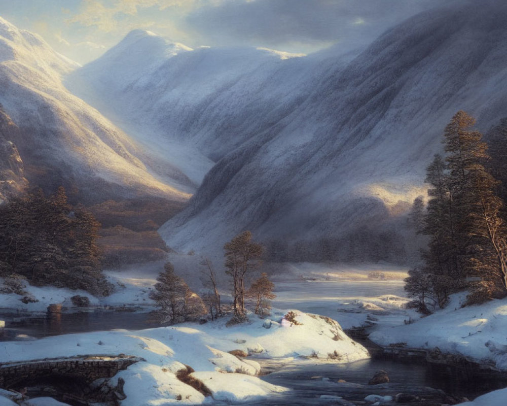 Snowy Valley Painting: Winter Scene with River, Bridge, and Mountains