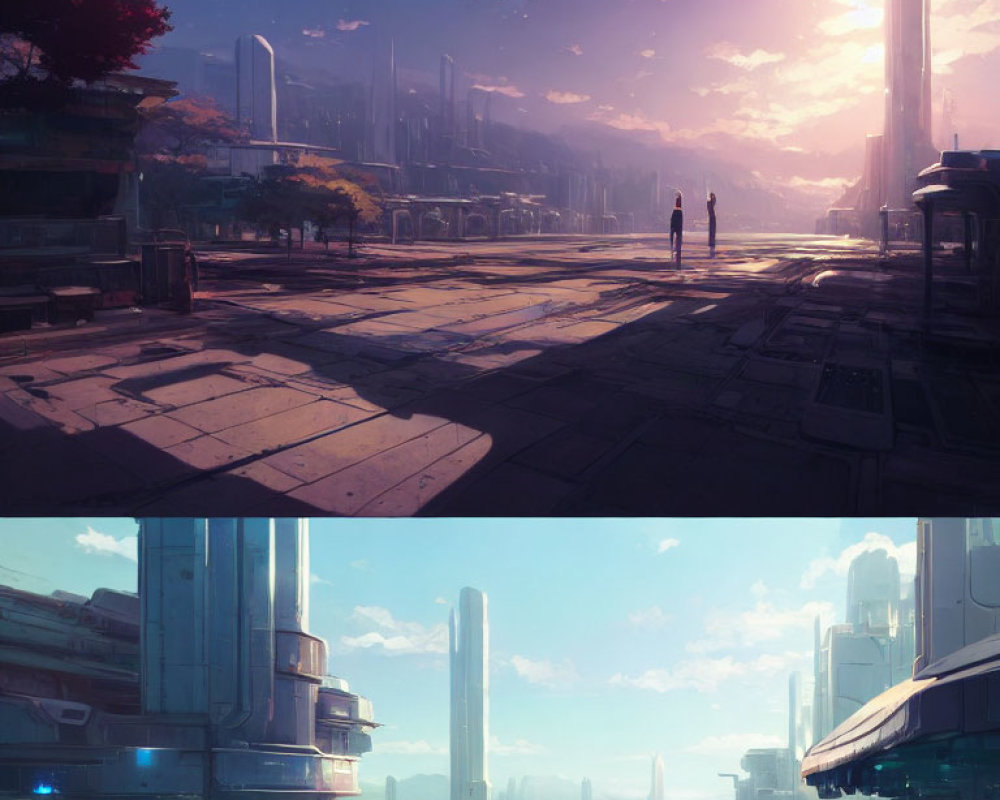Futuristic cityscape with two figures at sunset
