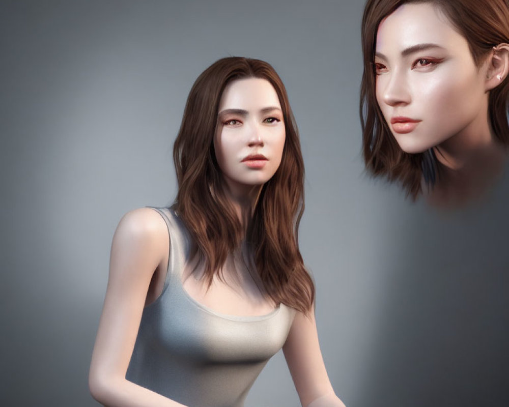 Realistic 3D rendering of a woman with long brown hair and gray tank top