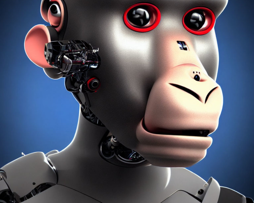 Humanoid Robot 3D Rendering with Red Eyes and Partial Mechanical Face