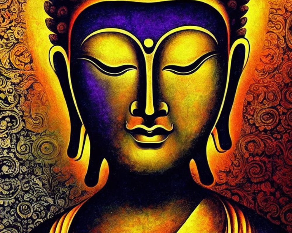 Vibrant Buddha Face Artwork with Golden and Purple Tones