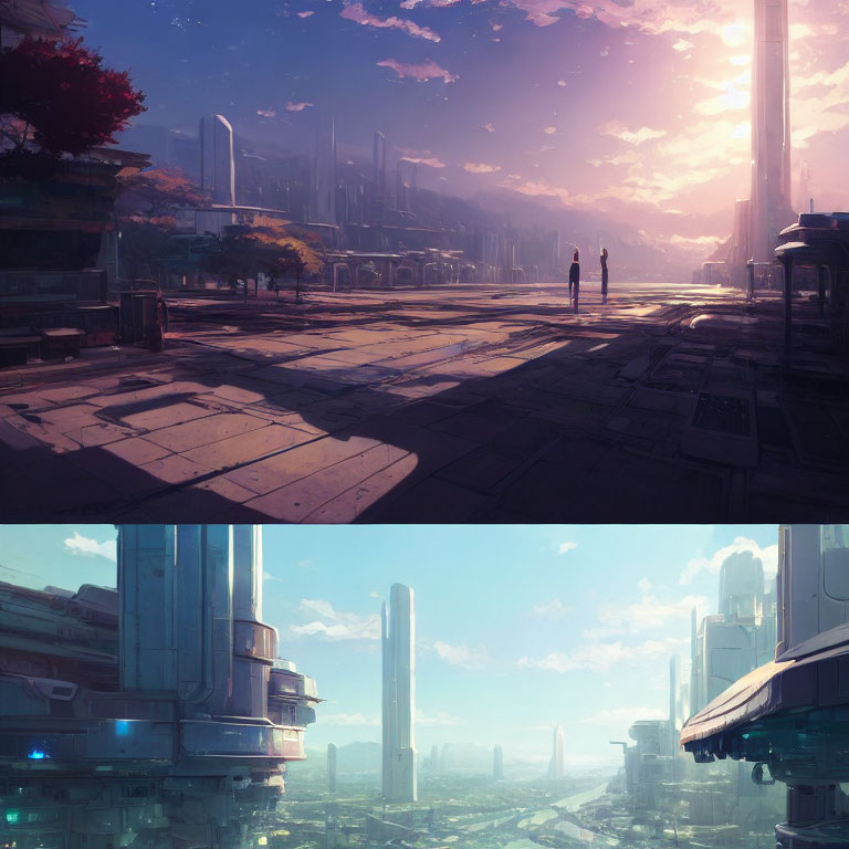 Futuristic cityscape with two figures at sunset