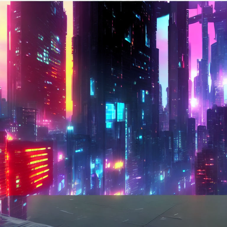 Futuristic cityscape with neon-lit skyscrapers in pink and blue hues