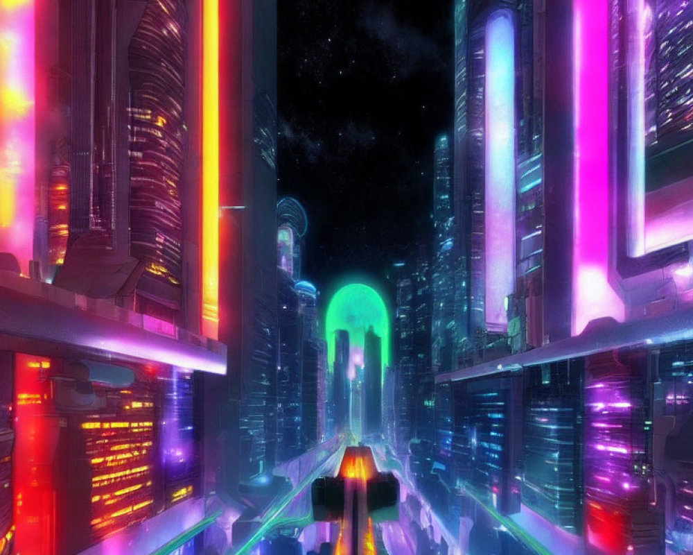 Futuristic cityscape at night with neon lights and skyscrapers