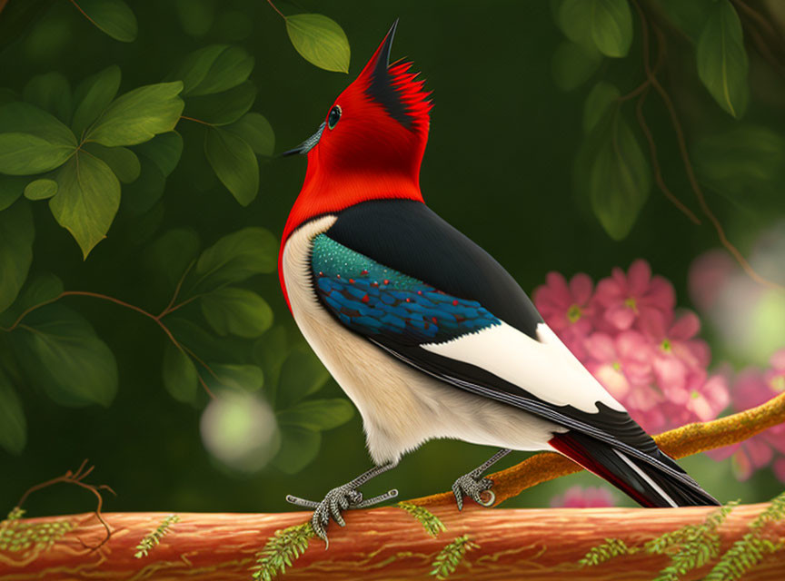 Colorful bird with red crest and blue speckled wings perched in nature scene