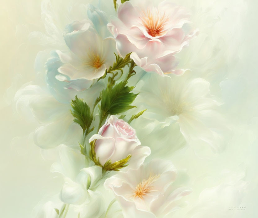 Delicate translucent flowers in soft white, pink, and green hues