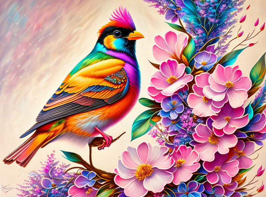 Colorful Bird with Purple Crest Perched Near Pink Flowers