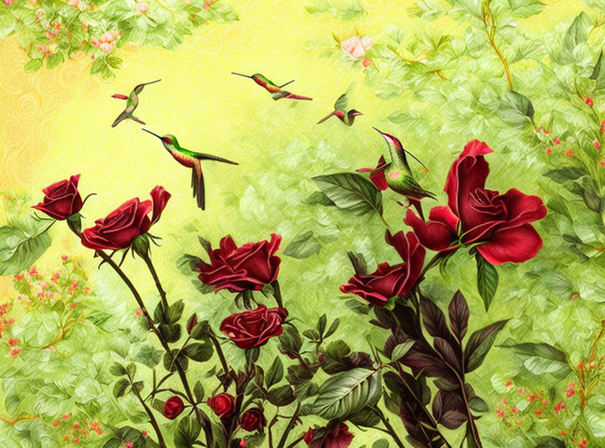 Hummingbirds & Red Roses. 