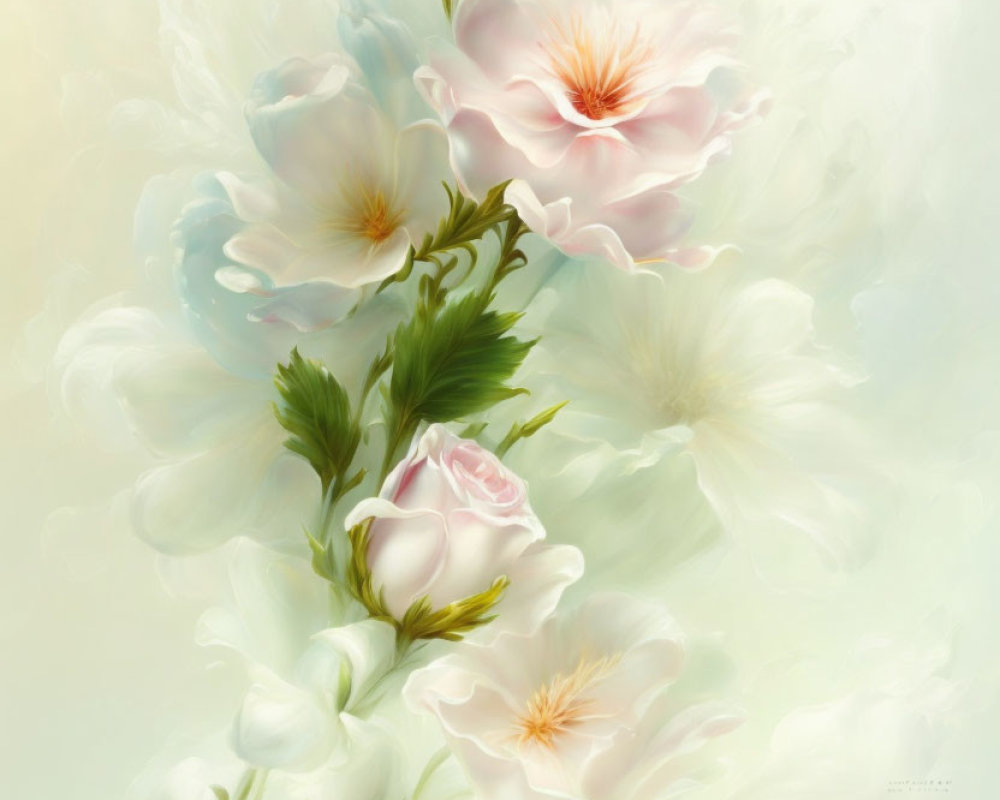 Delicate translucent flowers in soft white, pink, and green hues