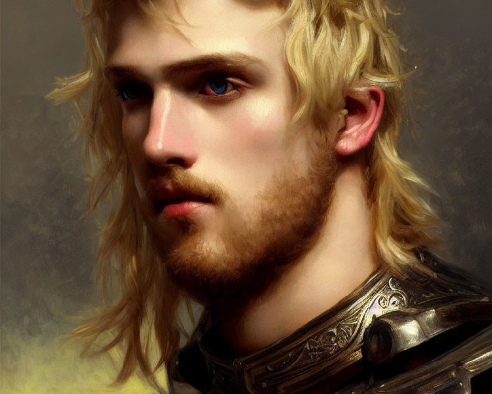 Young man with blond hair and beard in metallic armor portrait.