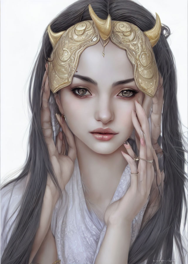 Illustration of woman with pale skin, dark hair, golden horned crown, and striking eyes