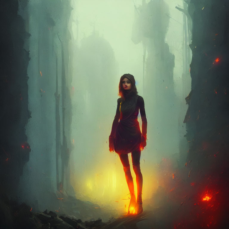 Post-apocalyptic urban landscape with woman in eerie mist