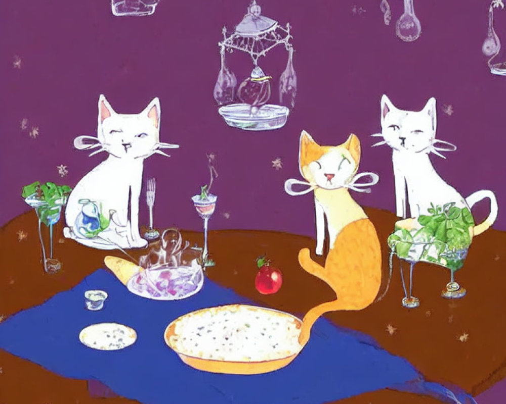 Whimsical cats at table with drinks, pie, and tomato under starry sky