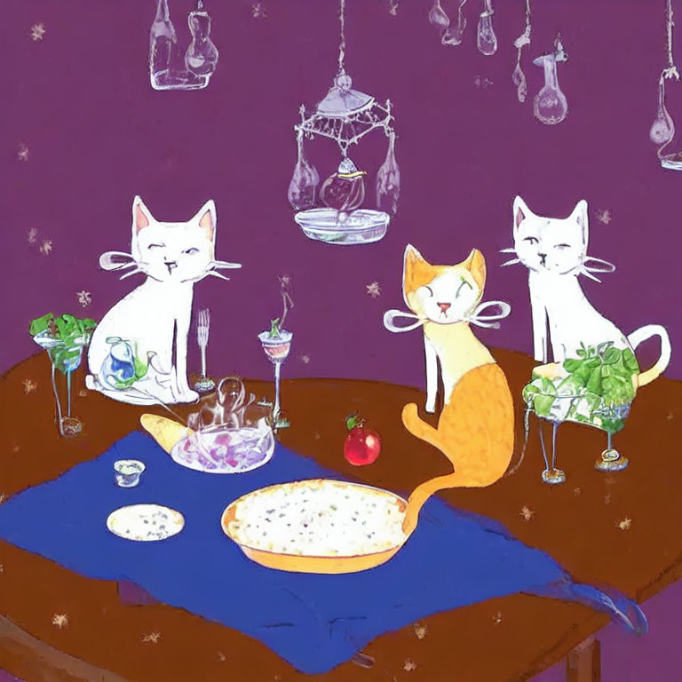 Whimsical cats at table with drinks, pie, and tomato under starry sky