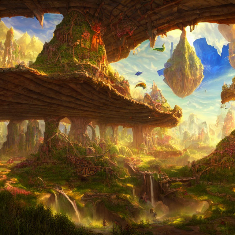 Fantasy landscape with floating islands, waterfalls, and lush vegetation