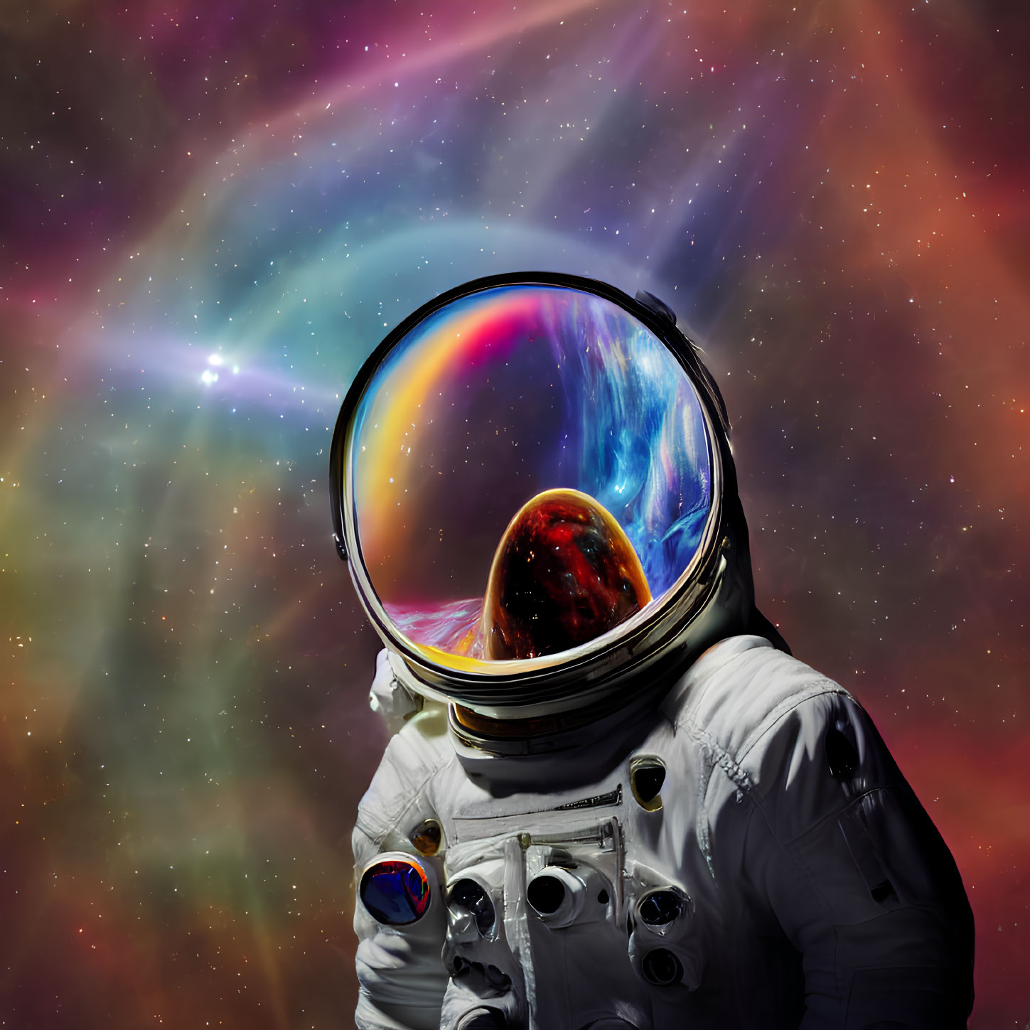Astronaut in reflective visor with cosmic scene