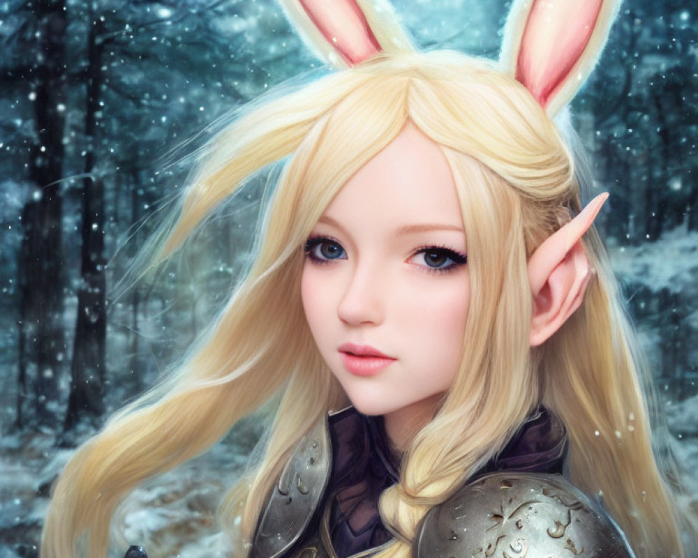 Fantasy female character with blonde hair and elf ears in snowy forest.