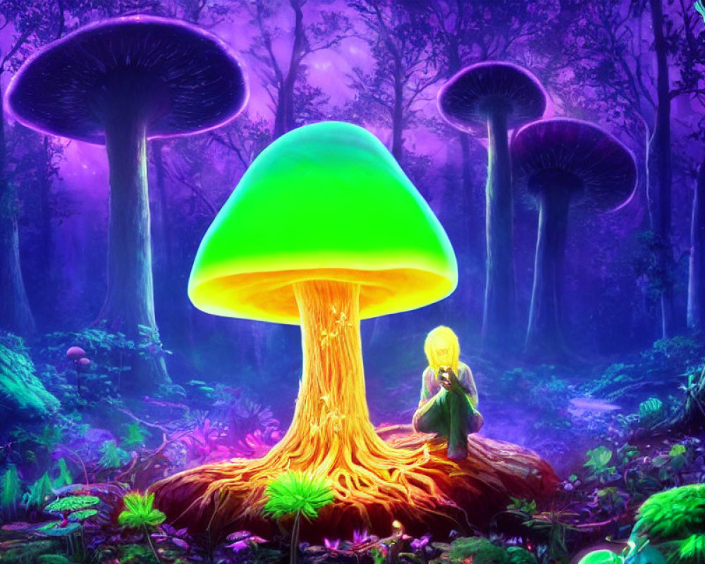 Enchanted forest with oversized glowing mushrooms and small figure