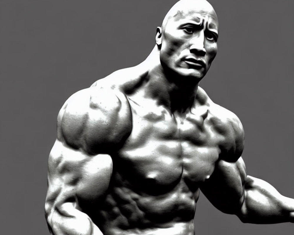 Muscular 3D-rendered figure with neutral expression on gray background