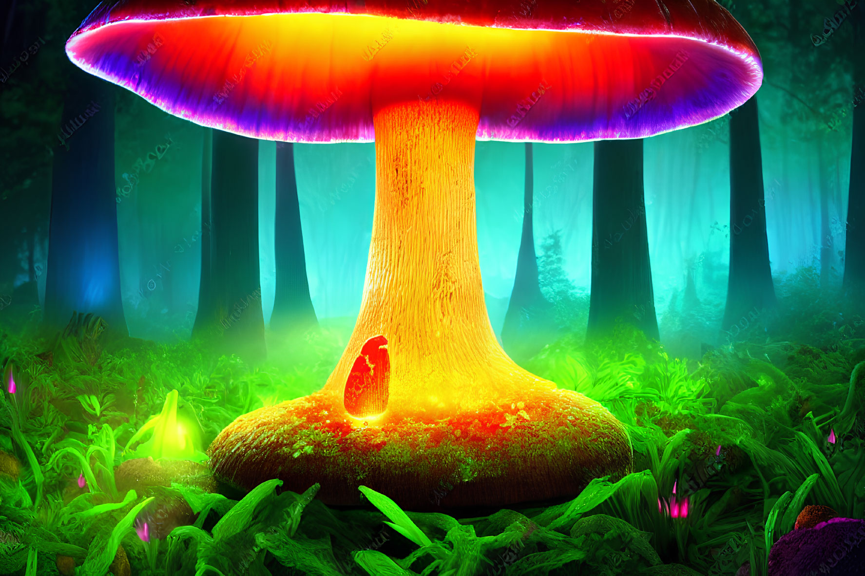 Colorful oversized glowing mushroom in fantastical forest with magical creature