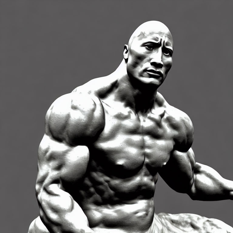 Muscular 3D-rendered figure with neutral expression on gray background