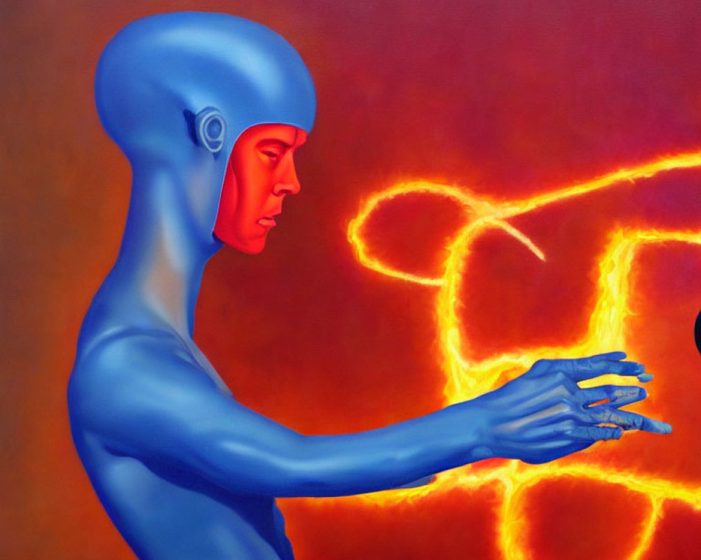 Abstract painting of blue humanoid figure reaching towards fiery orange symbol
