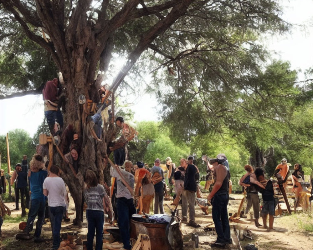 Group of people doing woodcraft under a large tree