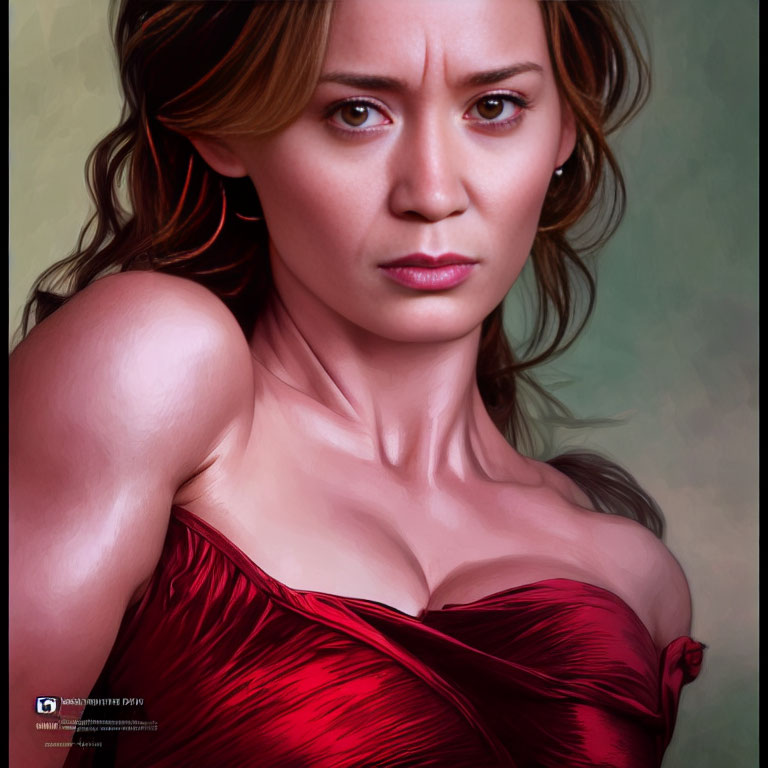 Portrait of woman in red strapless dress with serious expression