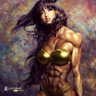 Digital Artwork: Female Figure with Exaggerated Muscles in Gold Bikini