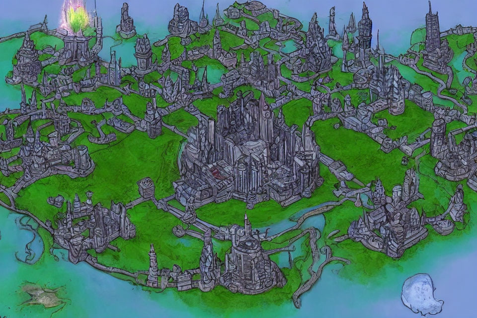 Detailed Fantasy Map Illustration: Ornate City with Spires, Green Land, and Water Bodies